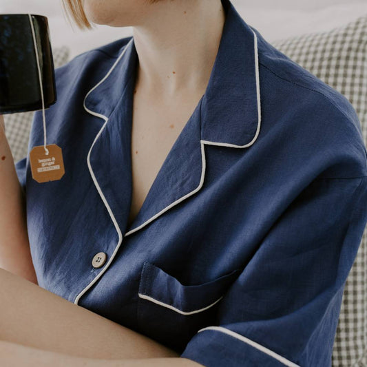 Eve Linen short PJ set navy blue closeup