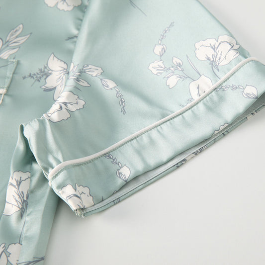 Silky satin short sleeve pajama with floral design.