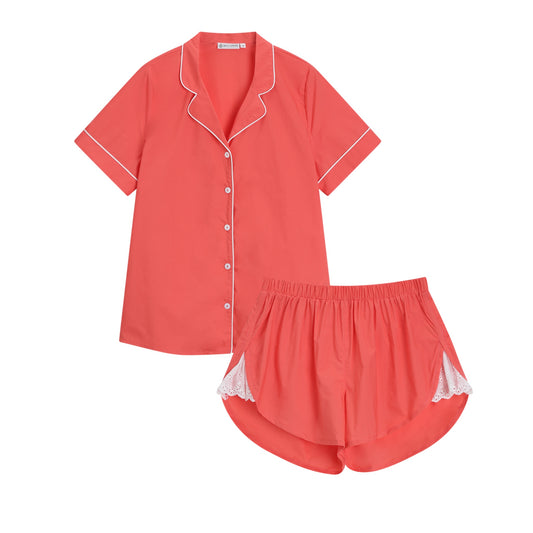 Cotton pajama set stop and shorts for summer in coral orange colour. 