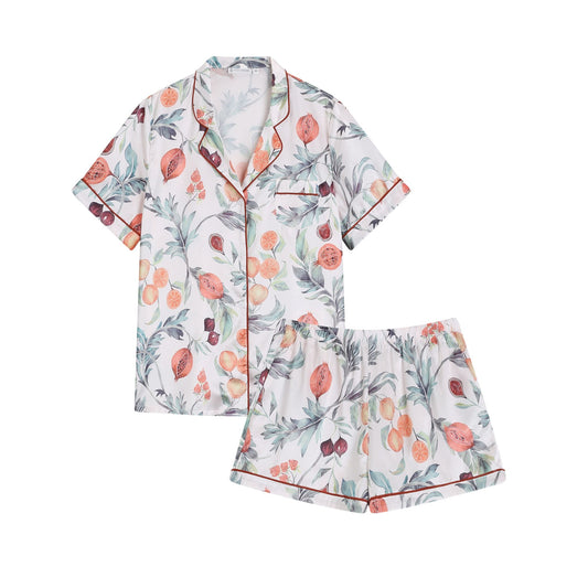Matching summer pajama set top and bottom in silky satin fabric. 