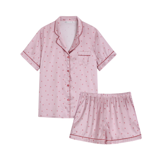 Short summer pajama set with pockets, pink hearts colour. 