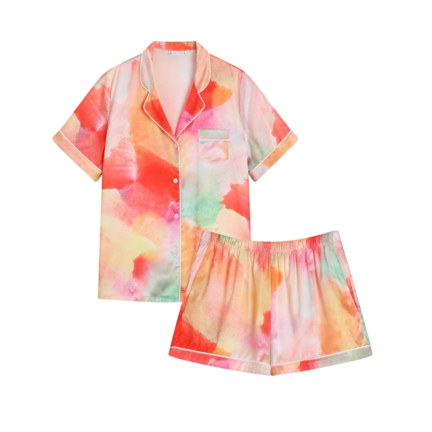 Short satin sleepwear pajama set, matching top and shorts. 